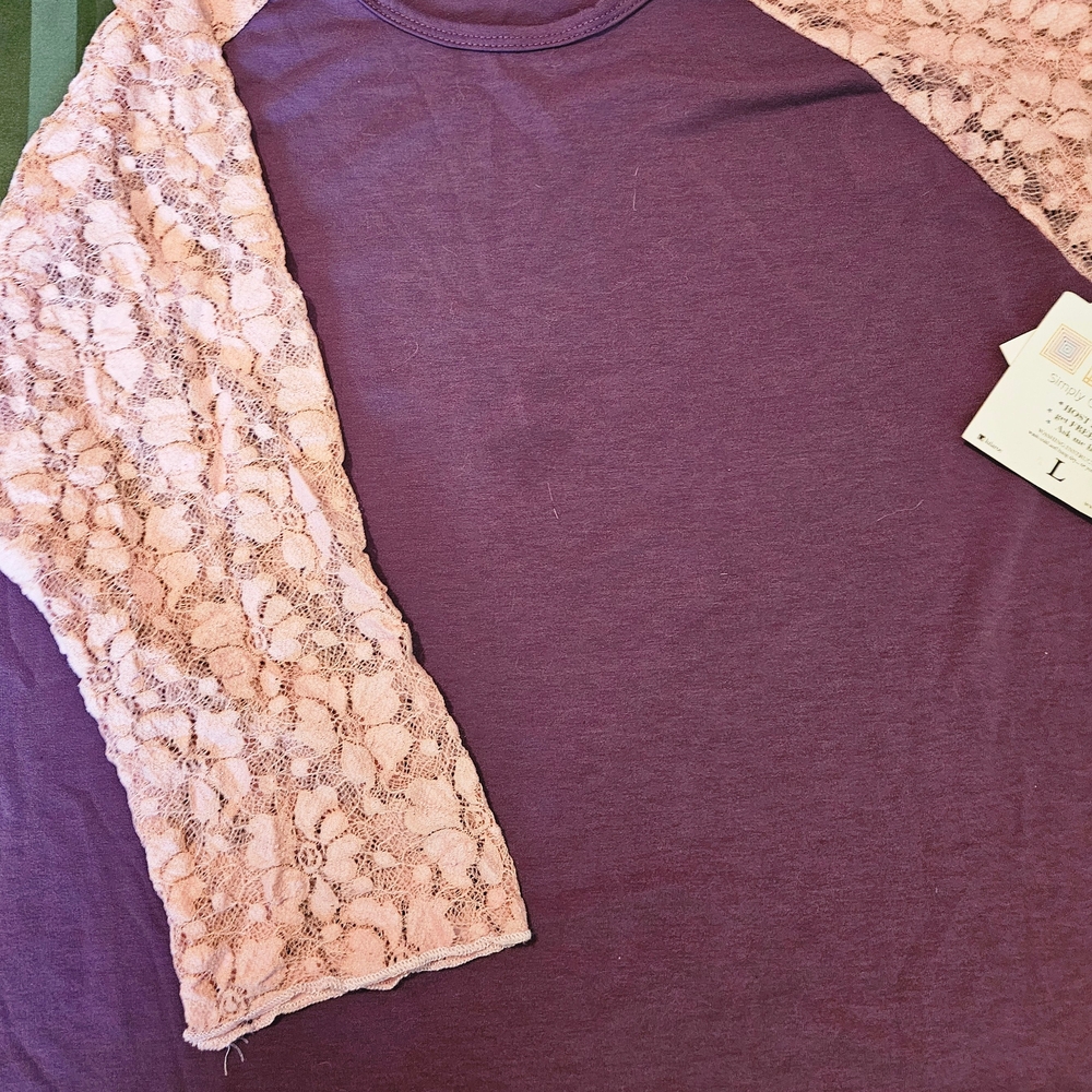 LuLaRoe Purple 3/4 Sleeve Jersey T-Shirt with Lace